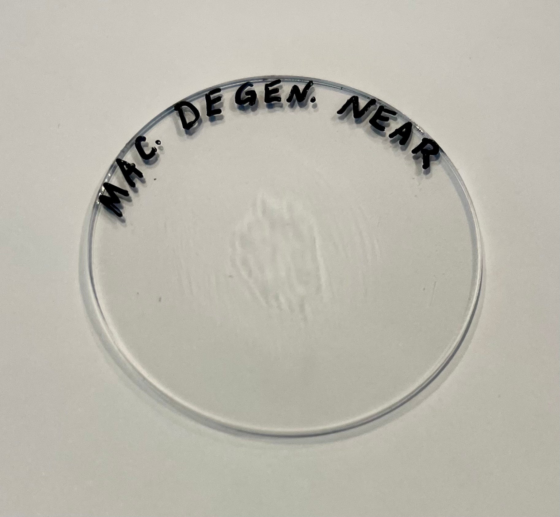 Macular degeneration simulation lens to be used in goggles.