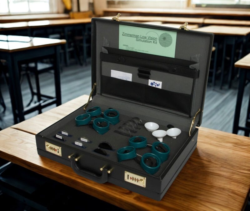 Zimmerman Low Vision  Kit on a table in a classroom setting